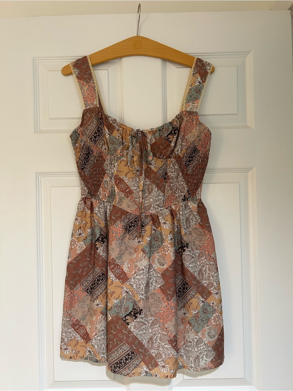 Smocked Bodice Floral Patchwork Mini Dress in Rust Multi